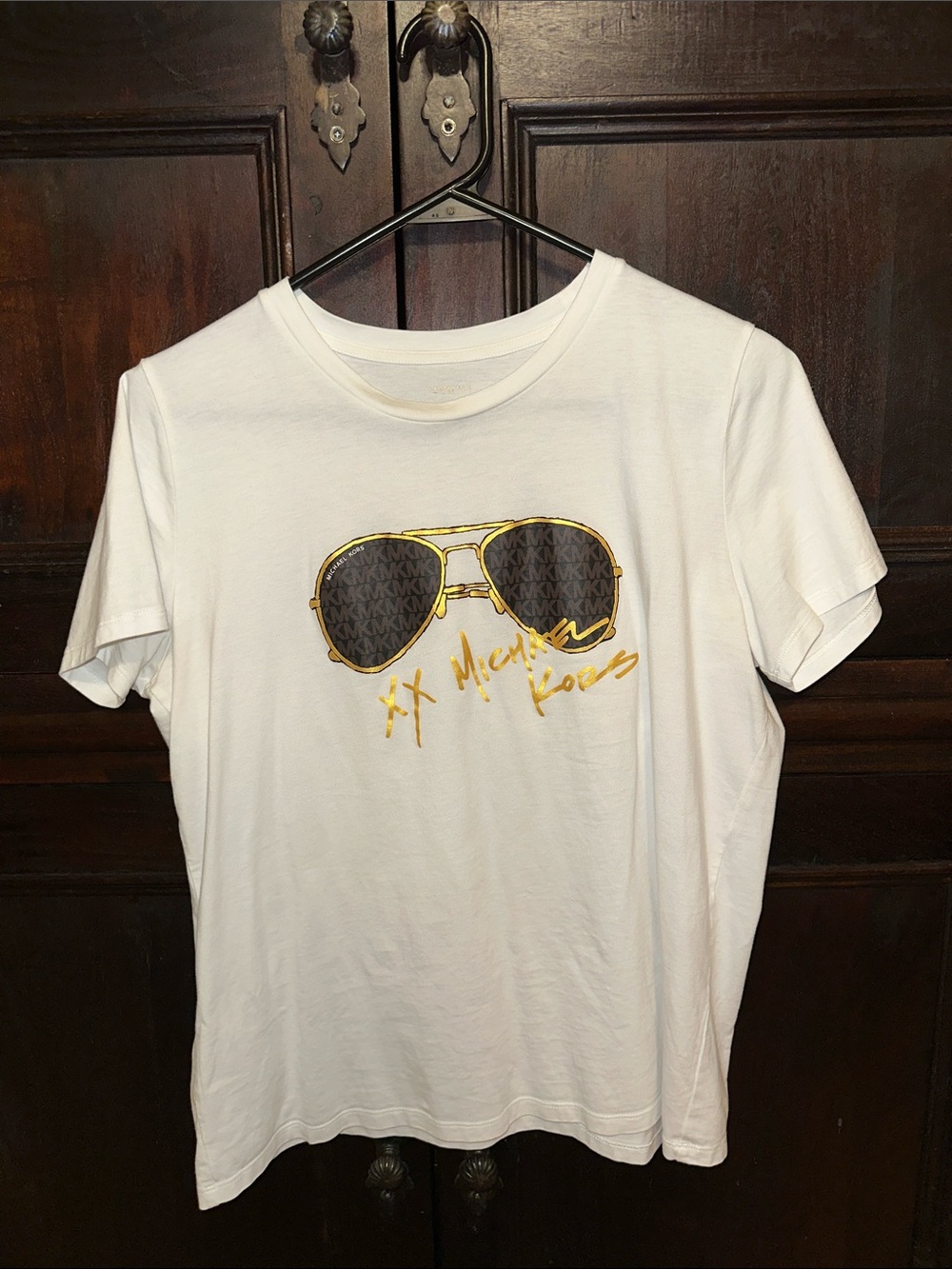 Michael Kors White Tee with Gold-Accent Aviator Graphic
